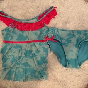 NEW | JUSTICE Girls Size 12 Tankini Swimsuit Set | Hot Pink Fringe Tie-Dye Aqua